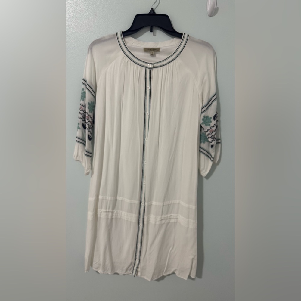 Polagram White Top with Navy and Teal Stripe Trim